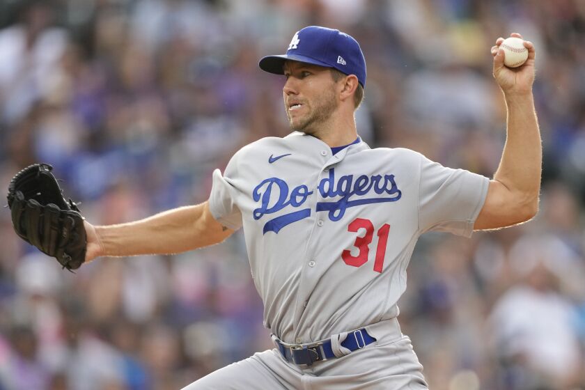 Dodgers starting pitcher Tyler Anderson works against the Rockies on June 27