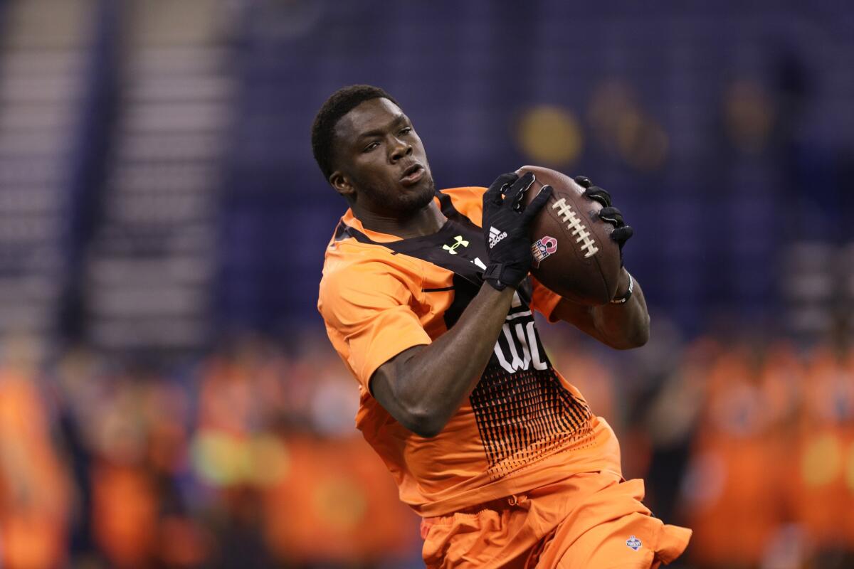 Former USC receiver Nelson Agholor runs a drill at the NFL Scouting Combine in Indianapolis.