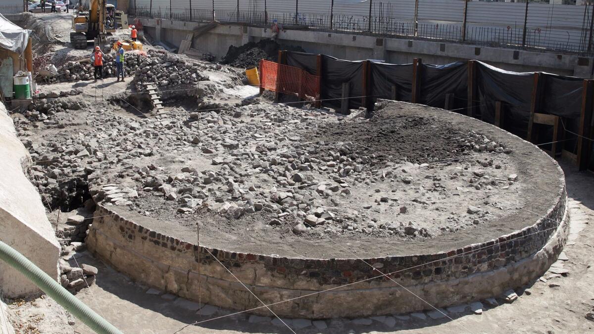 General view of newly uncovered remains of a temple that was built more than 650 years ago in the Tlatelolco neighborhood of Mexico City.