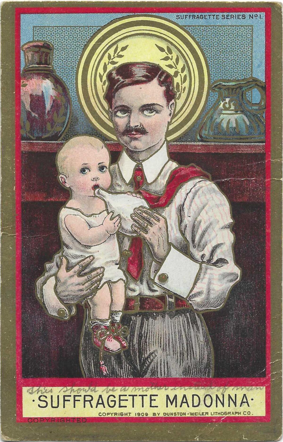 A man, depicted as "Suffragette Madonna," holds a baby and gives it a bottle of milk.