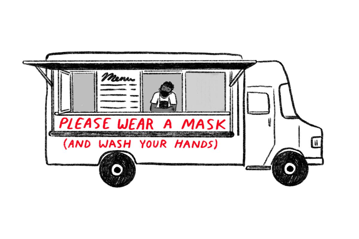 Illustration of a taco truck with the words "Please wear a mask and wash your hands" on its side