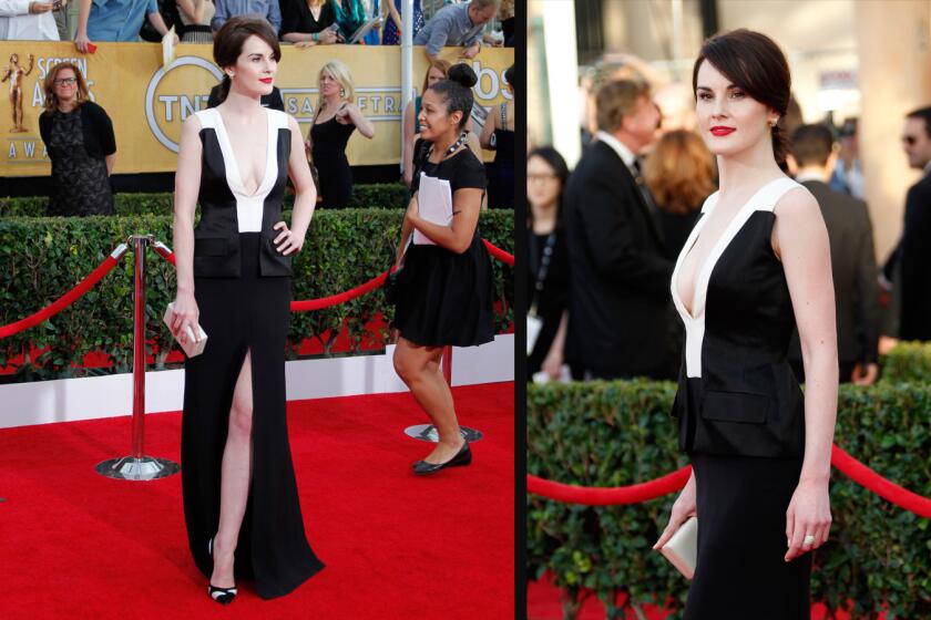 "Downton Abbey" actress Michelle Dockery wore this J. Mendel tuxedo-inspired dress to the Screen Actors Guild Awards in 2014.