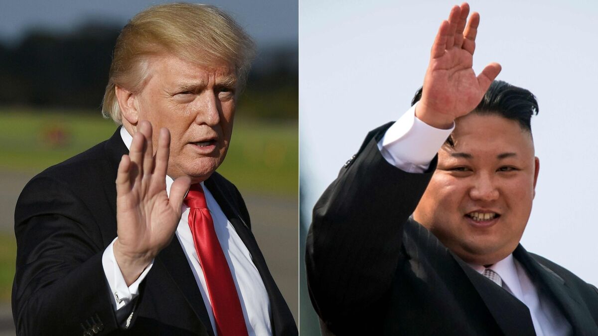 President Trump is shown in Morristown, N.J., on Sept. 15, and North Korean leader Kim Jong Un is seen after a military parade in Pyongyang on April 15.