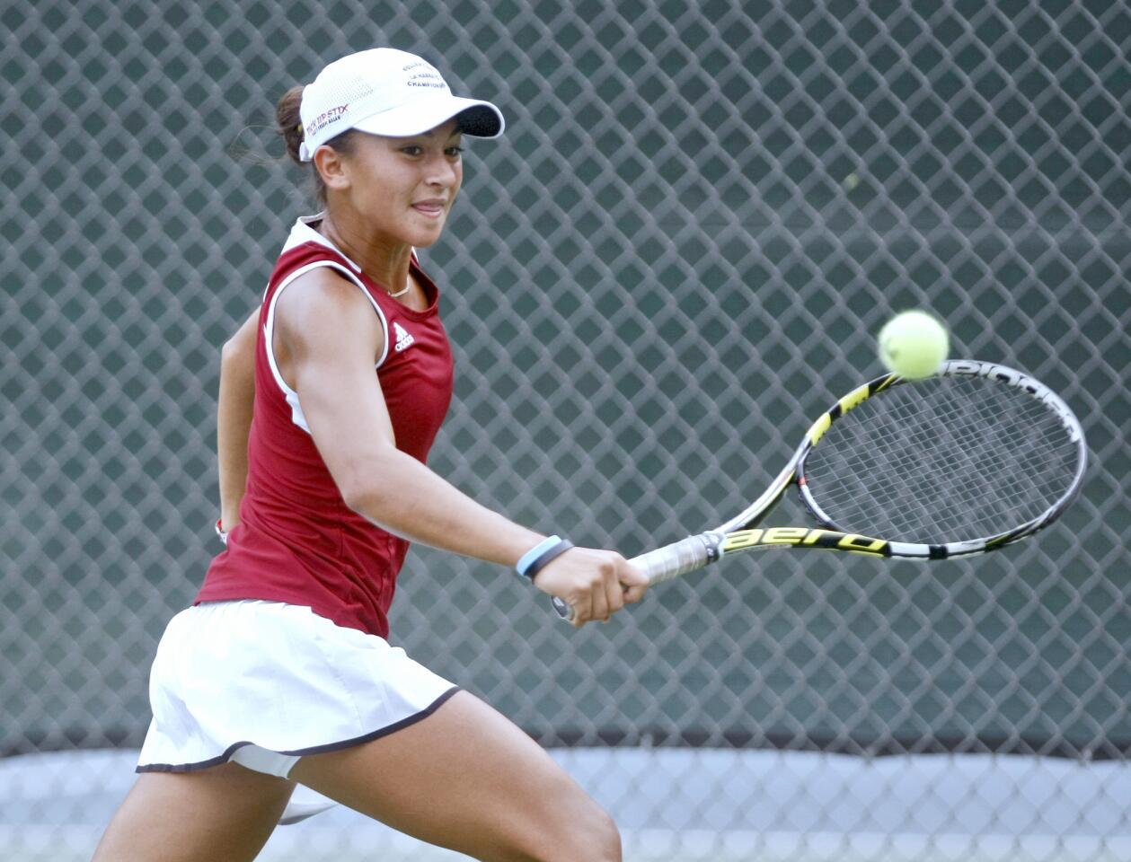 La Cañada High School's Sophie McKenzie runs down the ball in Rio Hondo League Tennis finals vs. San Marino's Anessa Lee, at Arcadia Tennis Center in Arcadia on Thursday, October 27, 2016. McKenzie advanced to the finals by beating LCHS's Annabelle Kevakian in the semifinal match.