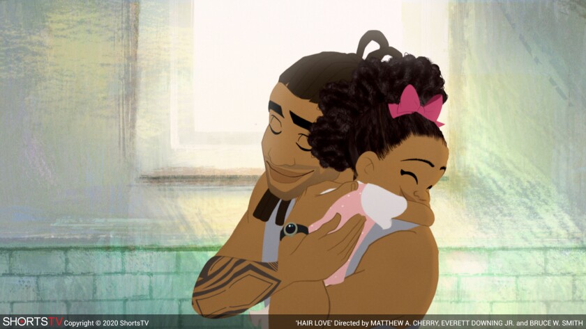 In a scene from the animated short "Hair Love," an African American man embraces his daughter, both smiling with eyes closed.