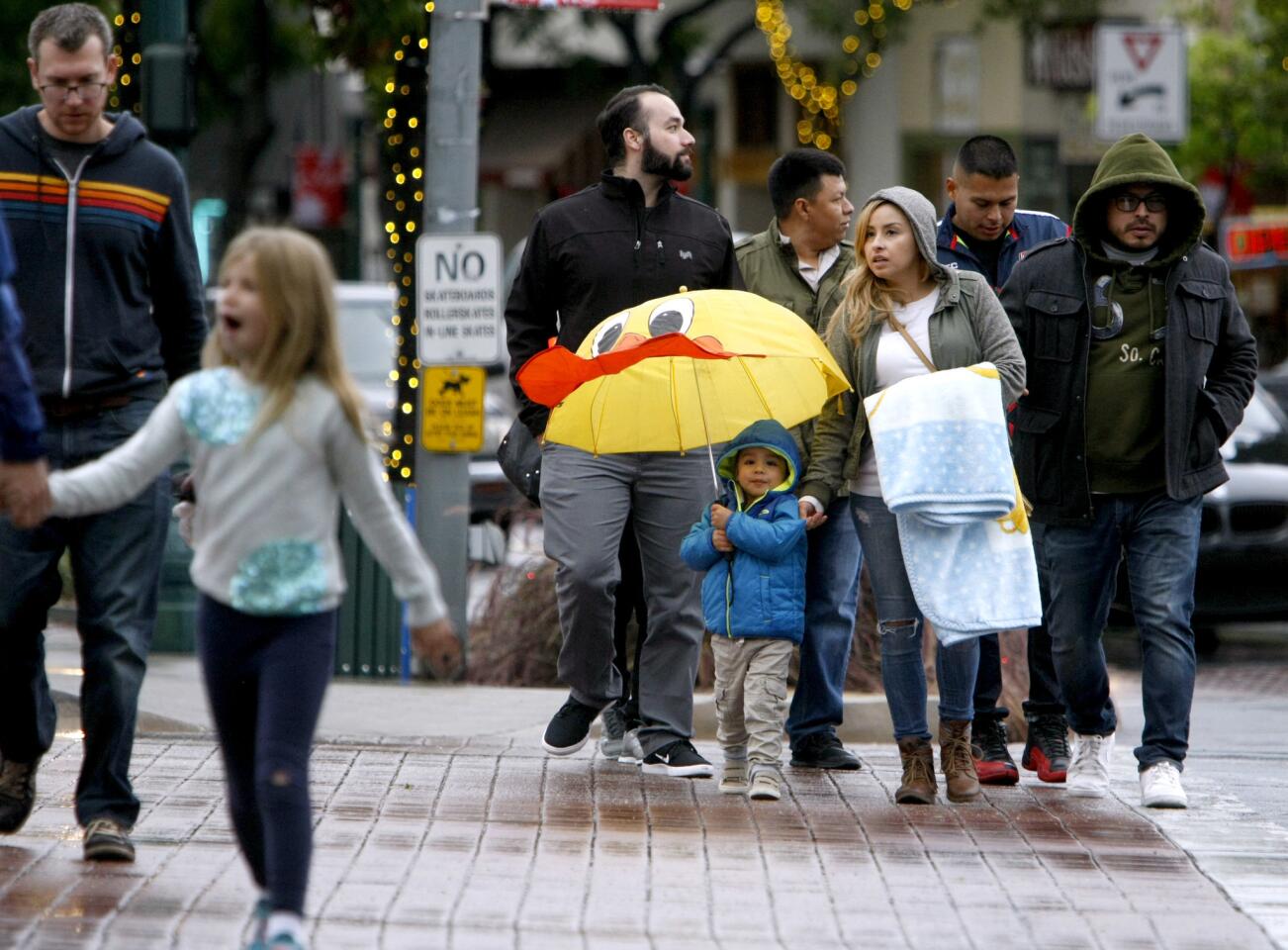 Xander Silva, 3 of Pomona, kept dry with a duck umbrella as he strolled along Honolulu Ave. with his family while rain continued to fall in Montrose on Saturday, Nov. 26, 2016. A strong storm system dropped rain in the area most of the afternoon.