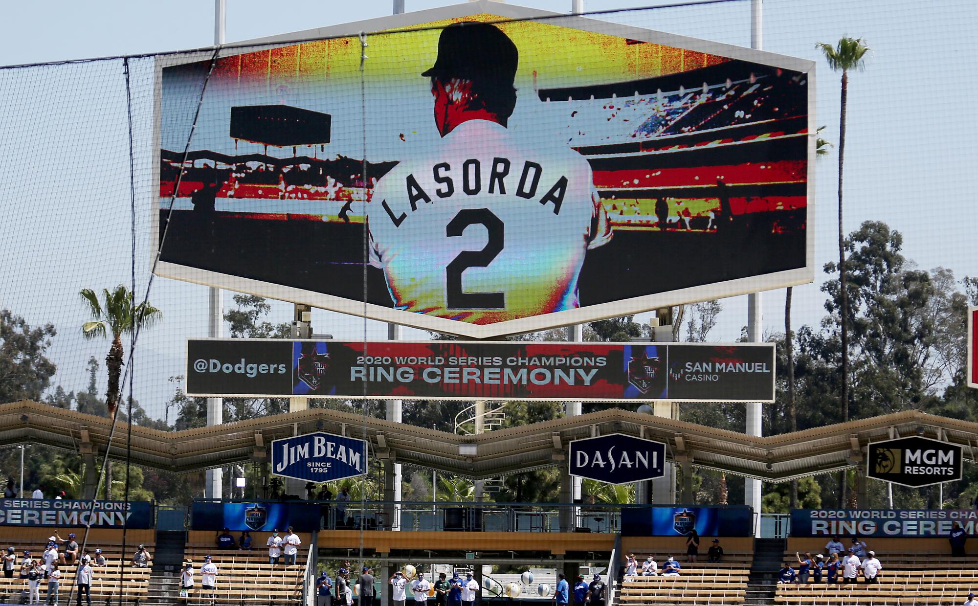 The Dodgers pay tribute to former manager Tommy Lasorda, who died in January, before Friday's game.