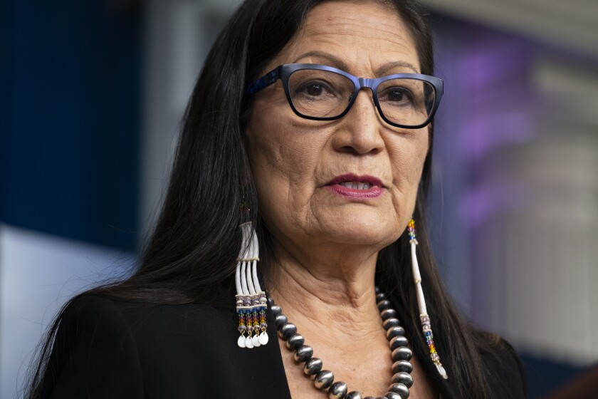 FILE - In this April 23, 2021, file photo, Interior Secretary Deb Haaland speaks during a news briefing at the White House in Washington. Haaland approved a new constitution for the Cherokee Nation on Wednesday, May 12, 2021 that ensures citizenship for descendants of Black people once enslaved by tribal citizens, known as Freedmen. (AP Photo/Evan Vucci, File)