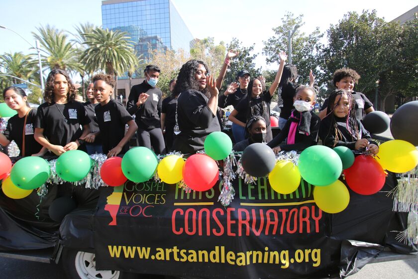 Gospel Voices of OC an arts and learning conservatory take part in the 43rd annual Orange County Black History Parade & Unity Fair in Anaheim on Saturday, February 4, 2023. (Photo by James Carbone)