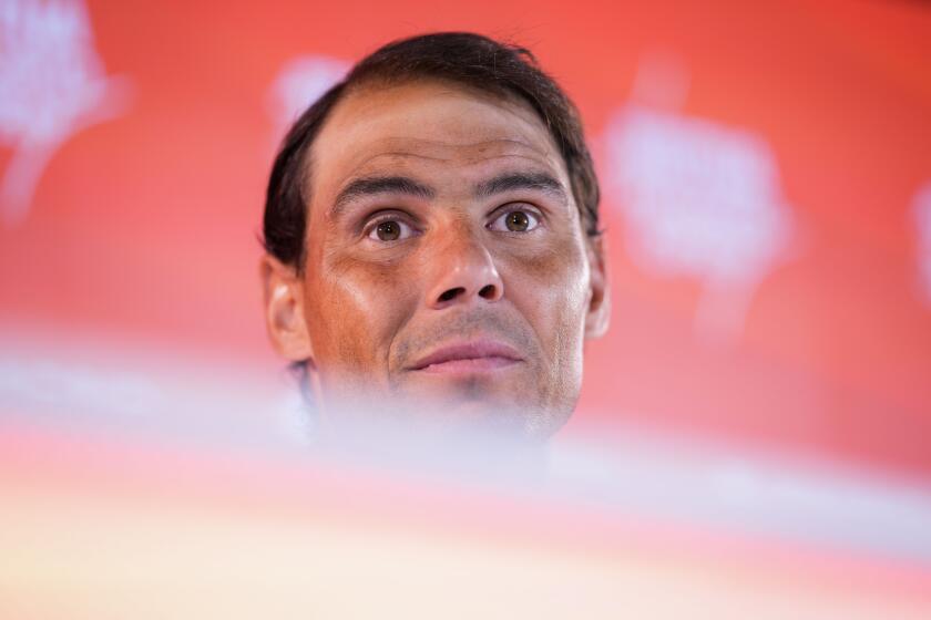 Spanish tennis player Rafael Nadal gives a press conference at the Mutua Madrid Open tennis tournament in Madrid, Wednesday, April 24, 2024. (AP Photo/Manu Fernandez)