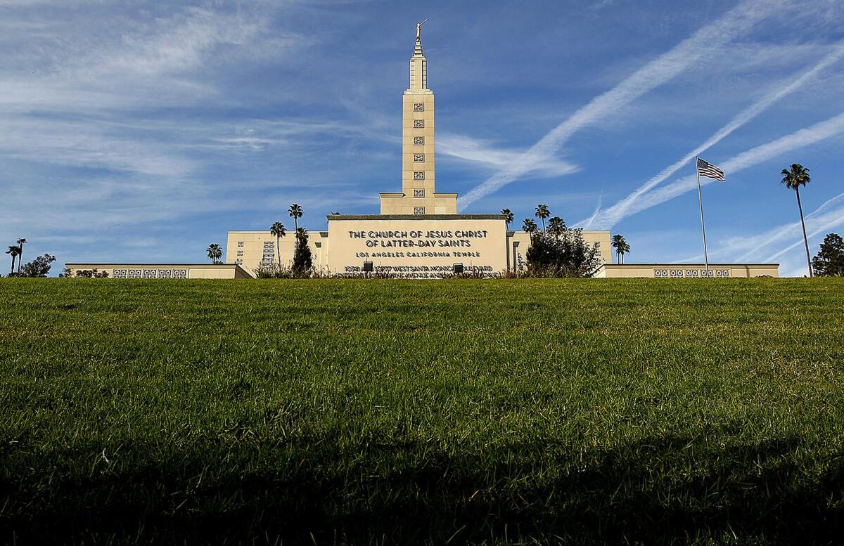 The Mormon temple in 2013, whose landmark hill was formed by the Santa Monica fault. (Christina House / For The Times)