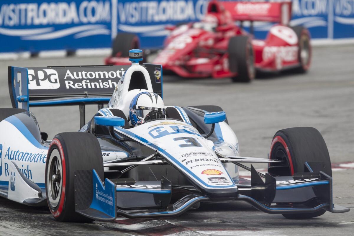 Helio Castroneves takes a corner in Toronto on July 20.