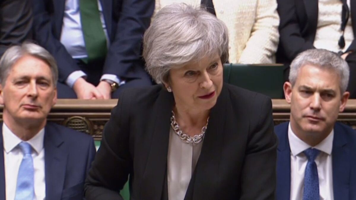 Britain's Prime Minister Theresa May speaks to members of the House of Commons in London on Thursday in this screen grab.