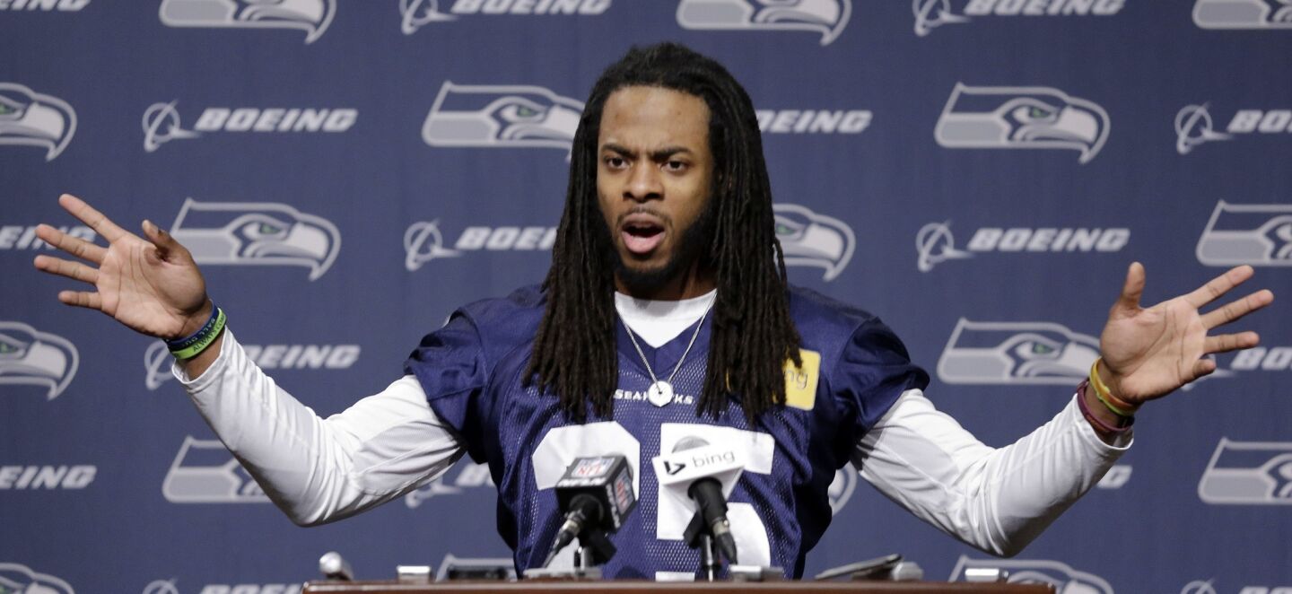 Richard Sherman outrage: As we enter another week of head-spinning Super Bowl hype, featuring teams from Denver, Seattle and Madison Avenue, let's temper the recent fury surrounding this defender. First, how amazing was it to hear an athlete actually say something in a post-game interview? And second, let's not pretend that Sherman is "classless" in the context of our beloved, billion-dollar "Rollerball" league. If anything, his outburst was a blast of humanity.