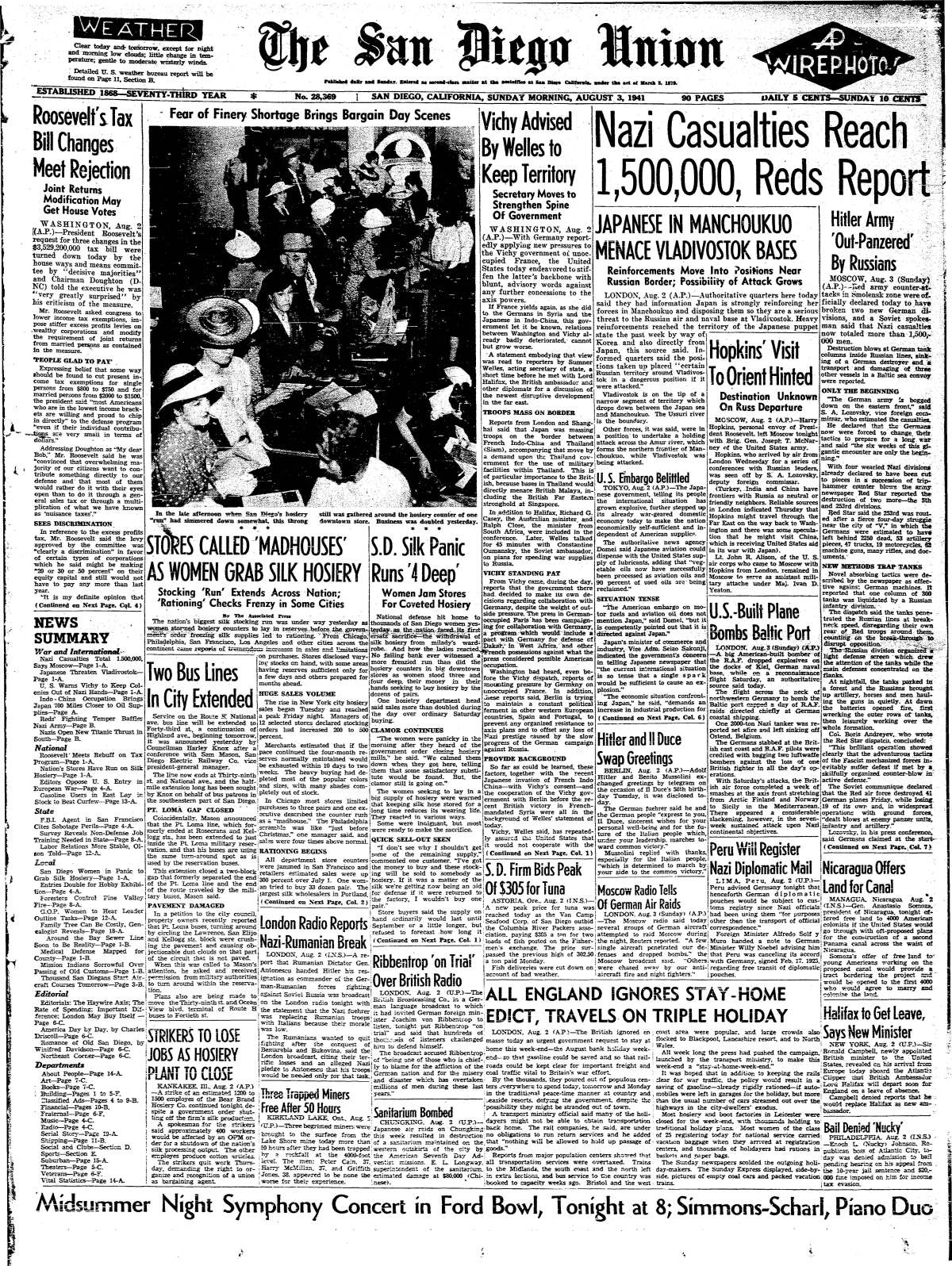 Front page of The San Diego Union, August 3, 1941.