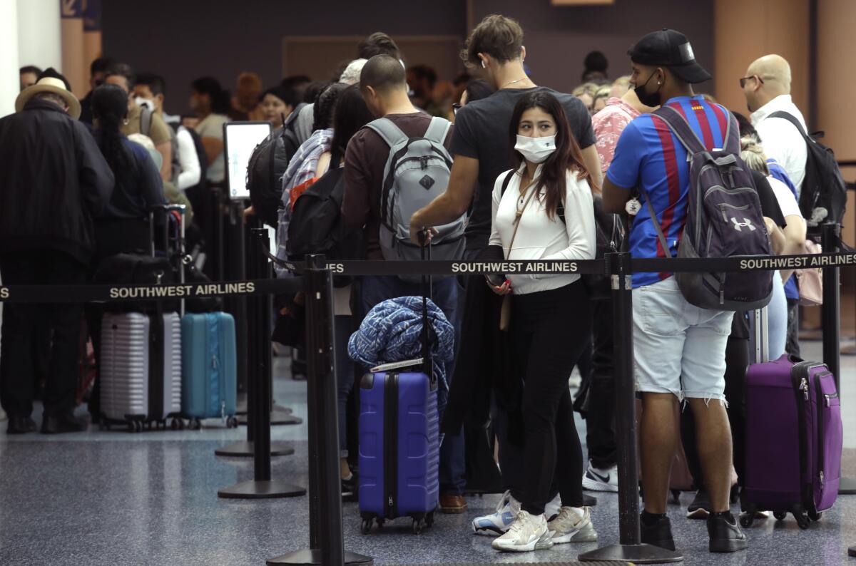 Travelers in line with luggage at the Los Angeles International Airport.