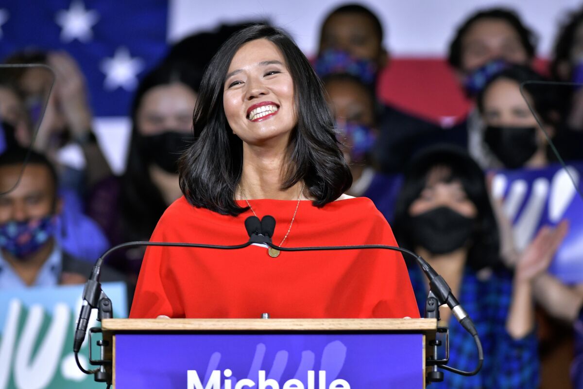 Boston Mayor-elect Michelle Wu addresses supporters at her election night party, Tuesday, Nov. 2, 2021, in Boston. Wu defeated fellow city councilor Annissa Essaibi George to become the first woman of color elected as mayor of Boston. (AP Photo/Josh Reynolds)