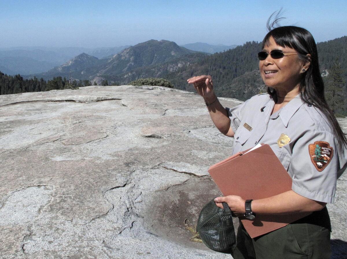 Sequoia National Park air resource specialist Annie Esperanza explains how ozone diminishes the view from Beetle Rock.