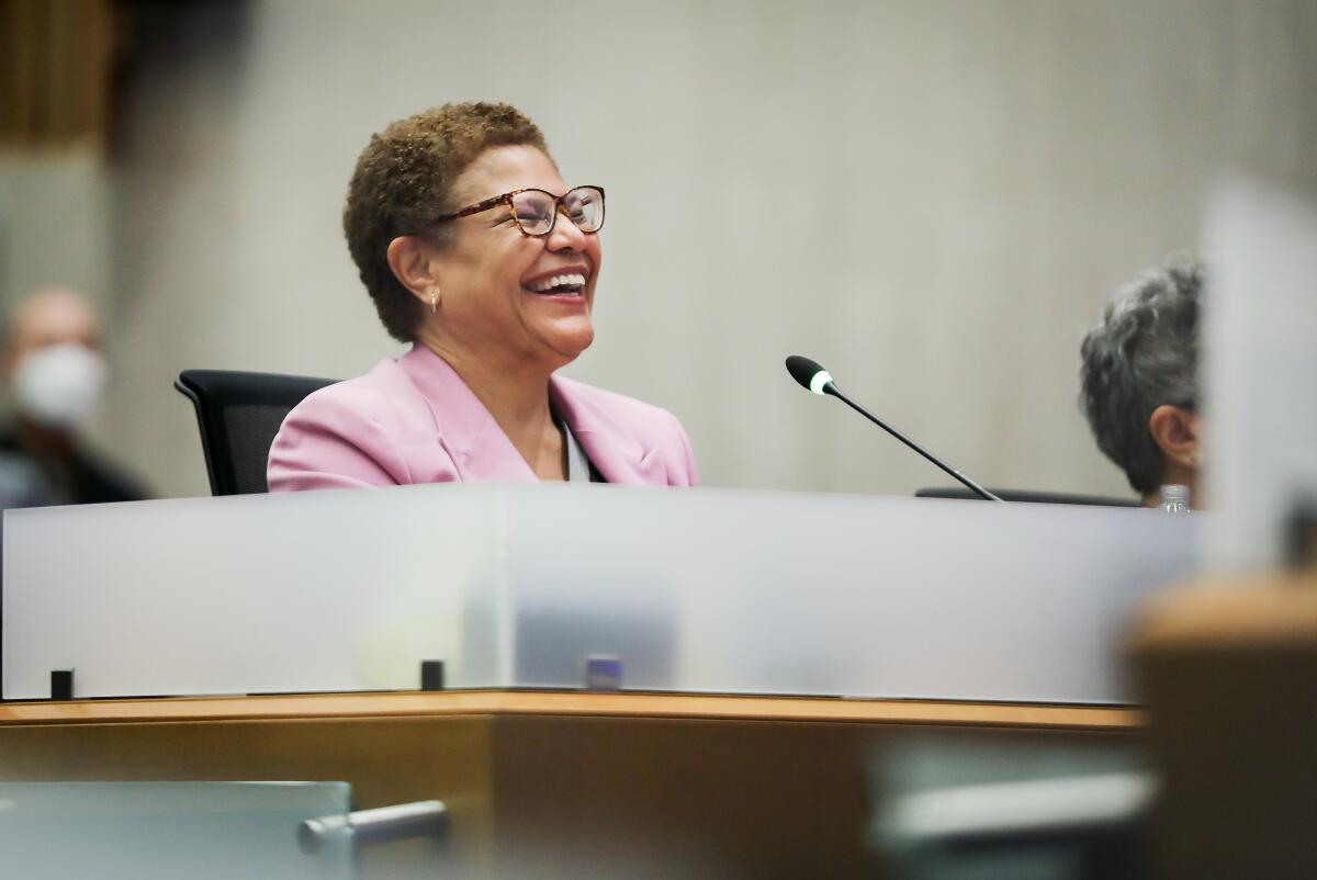 Mayor Karen Bass attends a Board of Supervisors meeting on December 20, 2022. 