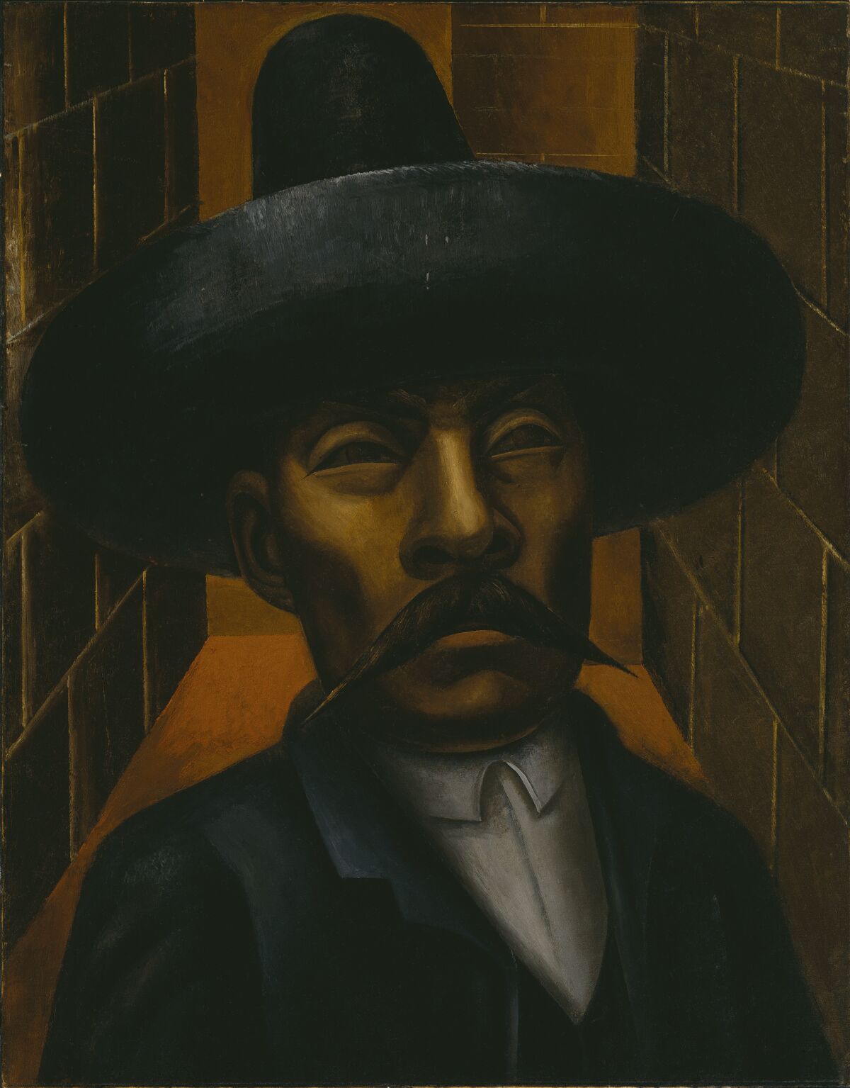 A painting shows Emiliano Zapato with a steely face reminiscent of pre-Columbian Mesoamerican sculpture.