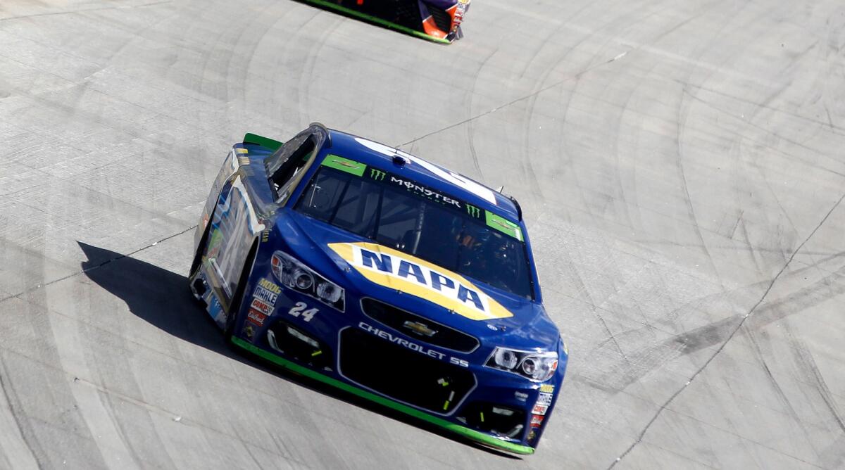 Chase Elliott leads a pack of cars during the Monster Energy NASCAR Cup Series Apache Warrior 400 on Sunday.