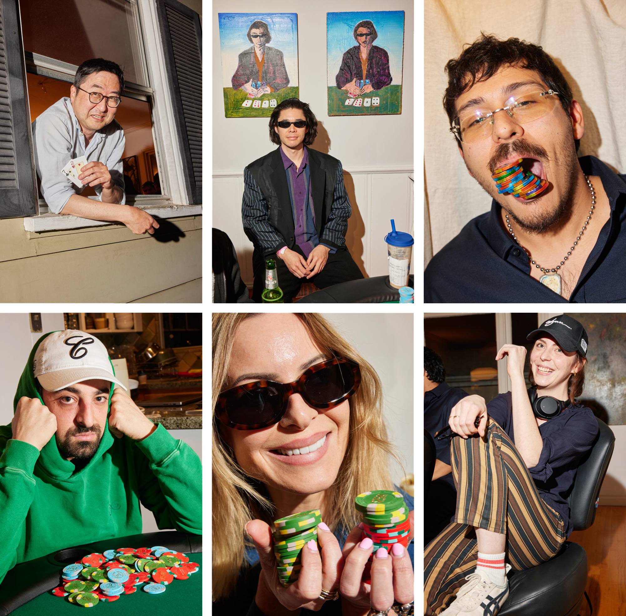 A collage of six portraits of poker players who are also in the art world.