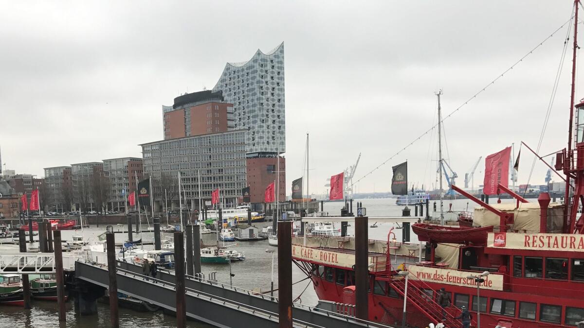 The Elbphilharmonie, looming over Hamburg's dockyards.