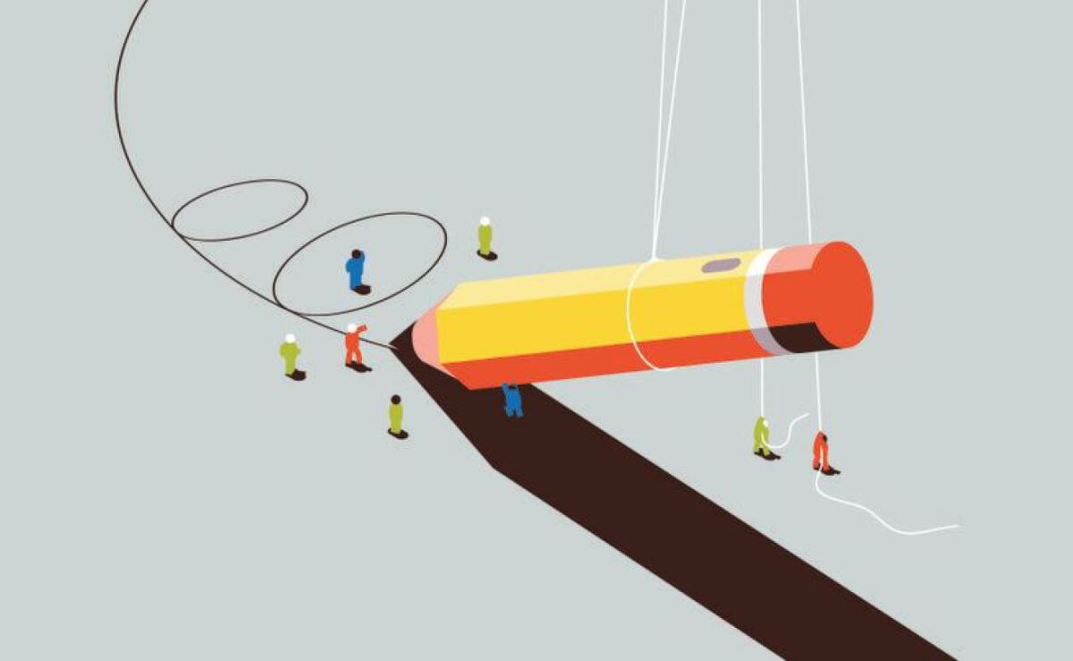 illustration of tiny people holding a giant pencil together