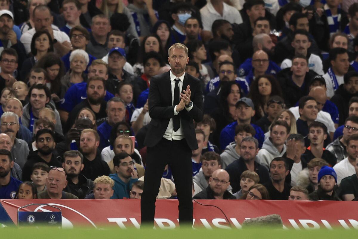Chelsea's head coach Graham Potter watches his players during the Champions League, Group E soccer match between Chelsea FC and FC Salzburg, at Stamford Bridge in London Wednesday, Sept. 14, 2022. (AP Photo/Leila Coker)