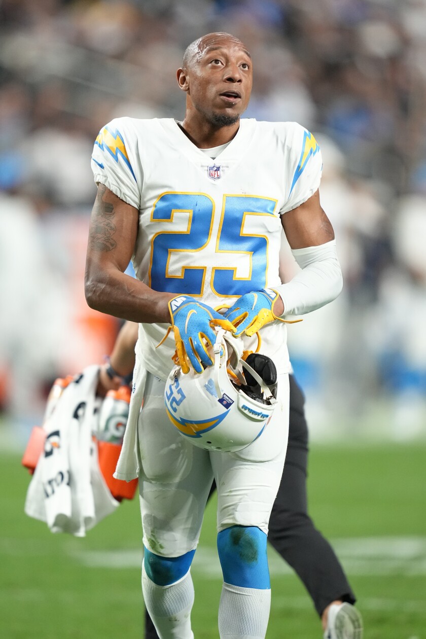 Chargers cornerback Chris Harris walks off the field in Las Vegas.