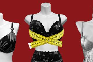 A photo illustration showing bras on mannequins, with the middle having a tape measure around it.