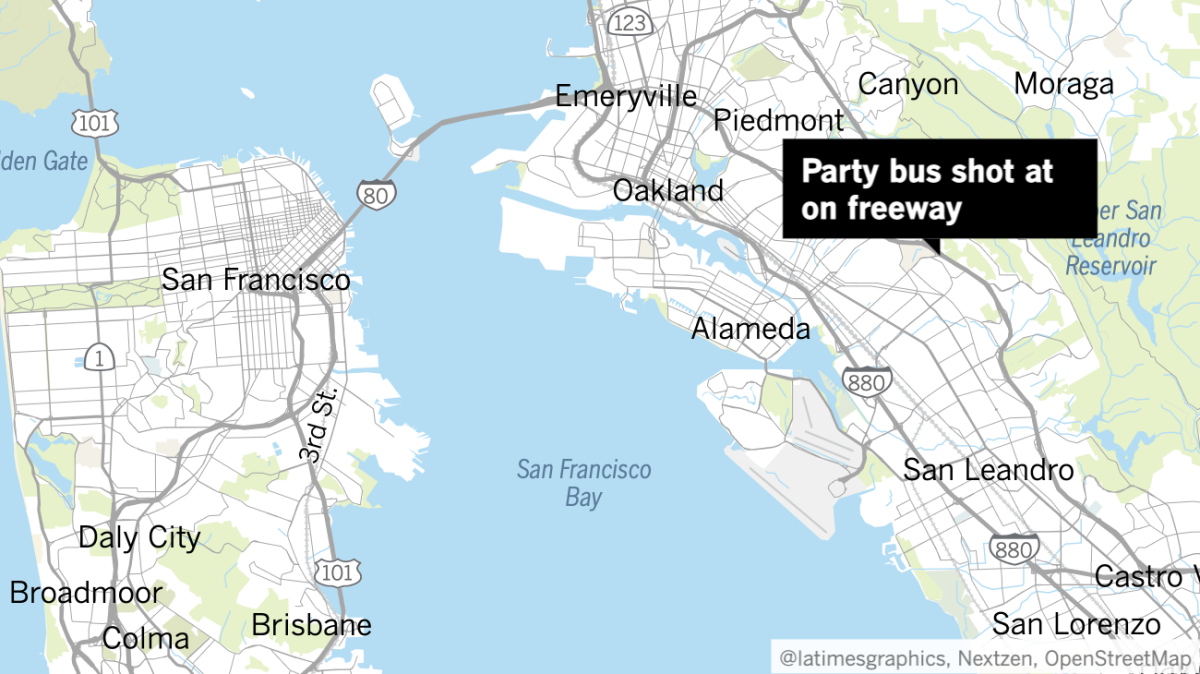 A map of the Bay Area showing where the party bus was shot up in Oakland