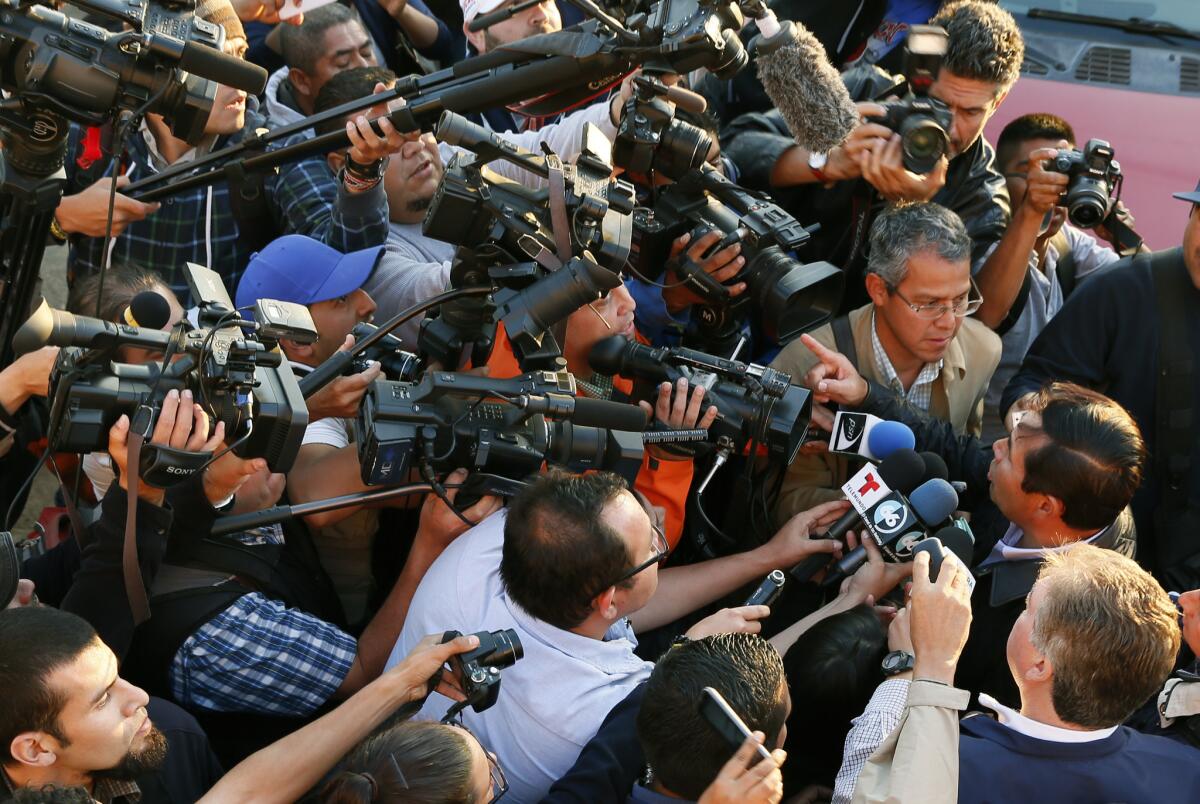 Luis Enrique Miranda Nava, Mexico's undersecretary of the interior, speaks to reporters after contentious negotiations with farmworkers in San Quintin, Mexico.