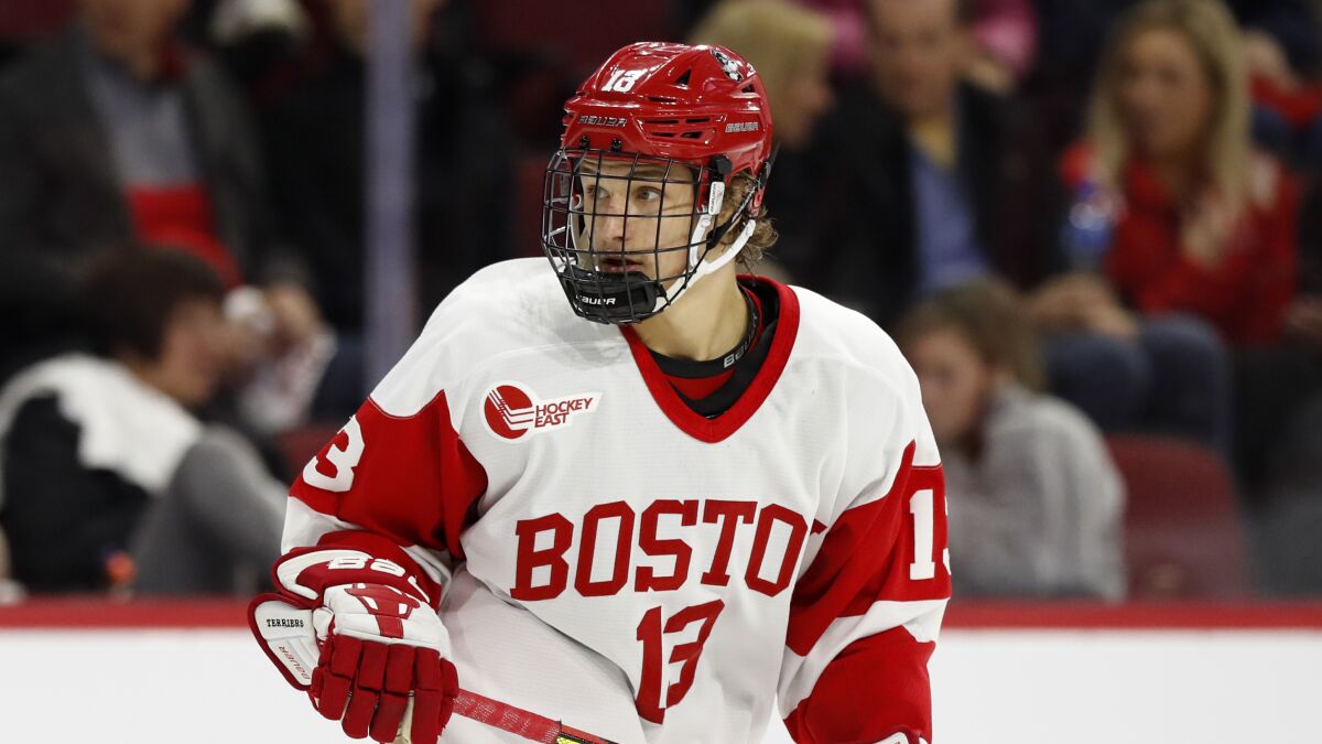 Boston University's Trevor Zegras during an NCAA hockey game against Northern Michigan.
