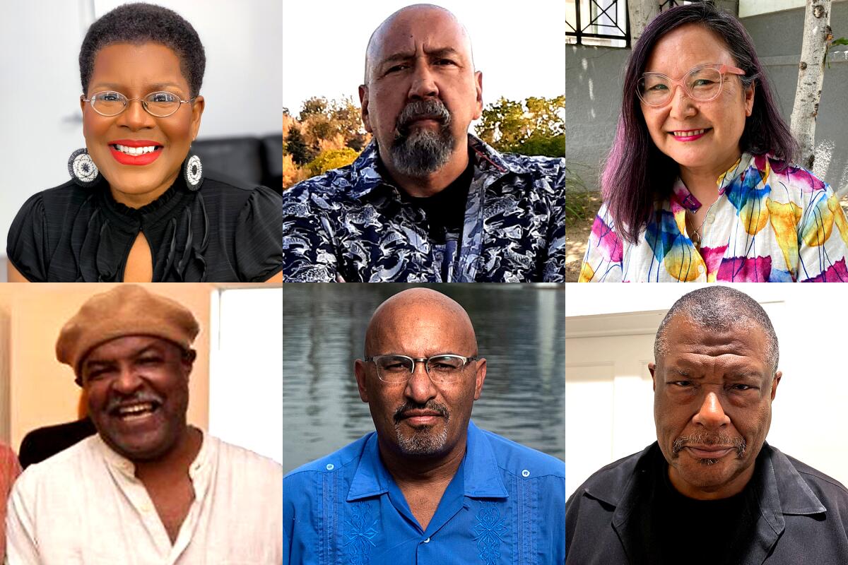 A grid of portraits of six authors.