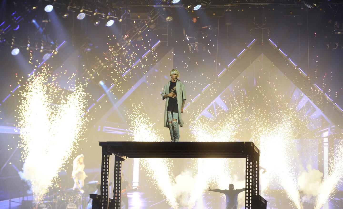 Justin Bieber performs at Staples Center on Sunday.