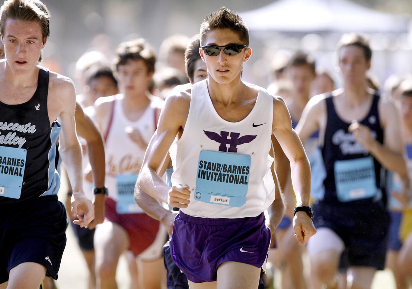 Hoover High's Jeremy Zadoorian, right, runs in the Staub Invitational Boys Div. I Varsity cross-country race at Crescenta Valley Park in La Crescenta on Saturday, Sept. 29, 2012. Crescenta Valley High's Gabe Collison is at left.