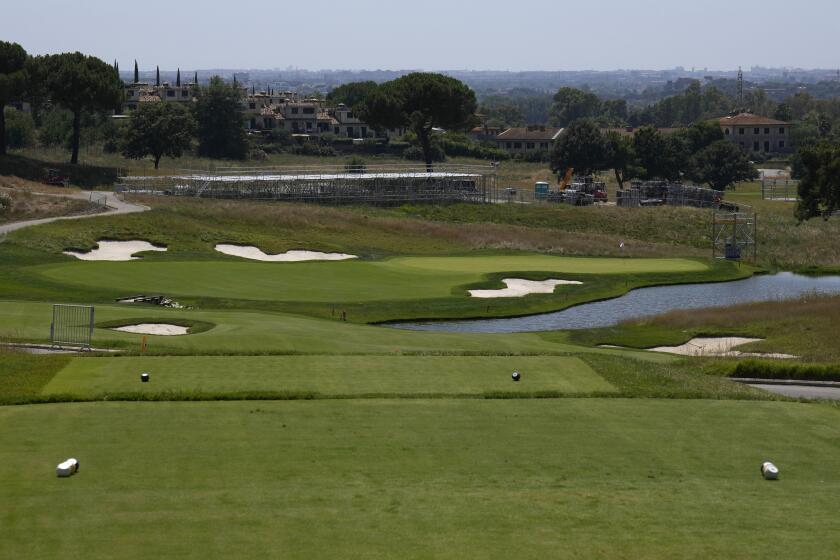 A view from the tee of hole No. 16 at the Marco Simone Club in Guidonia Montecelio, Italy, Tuesday, July 11, 2023. If there’s one hole on the course outside Rome that is destined to be decisive in this year’s Ryder Cup between the United States and Europe, it’s the driveable par-4 No. 16. The Ryder Cup will be held in Italy from Sept. 29 to Oct.1 at the Marco Simone Club in Guidonia Montecelio, on the outskirts of Rome. (AP Photo/Alessandra Tarantino)