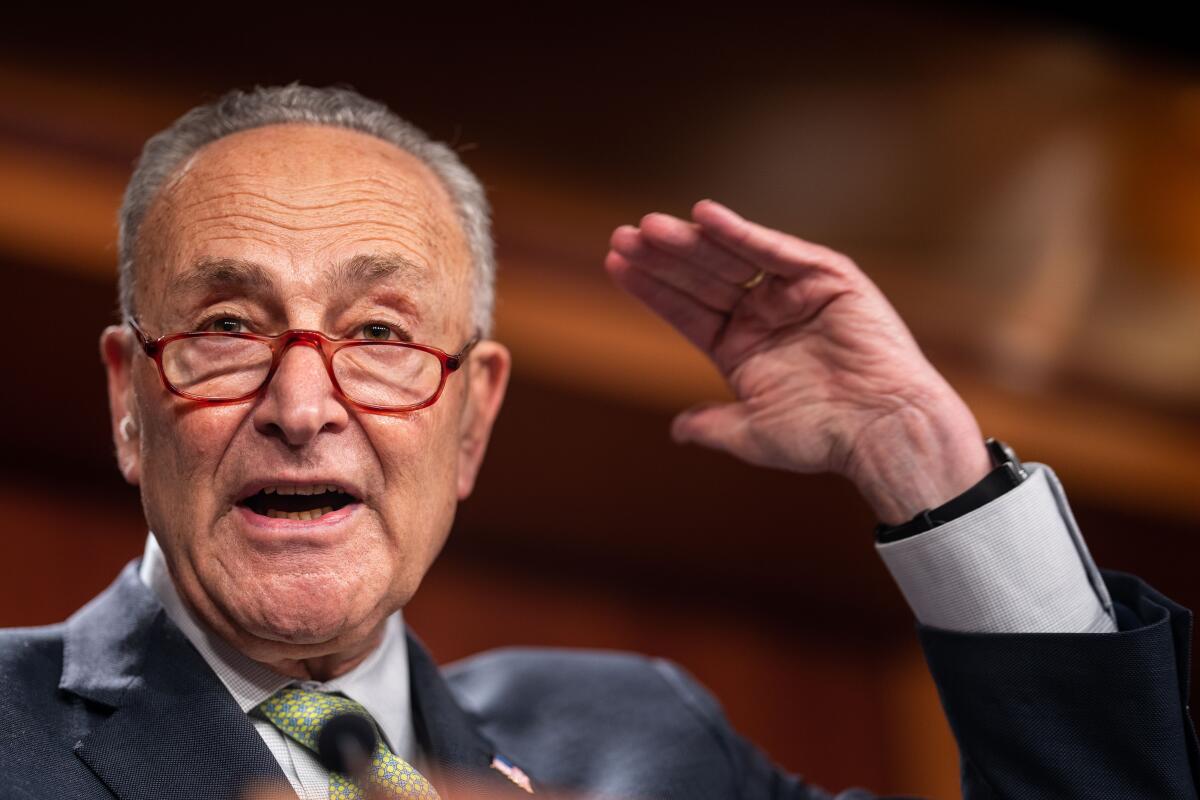 New York Sen. Charles E. Schumer gestures with his left hand as he speaks at a news conference. 