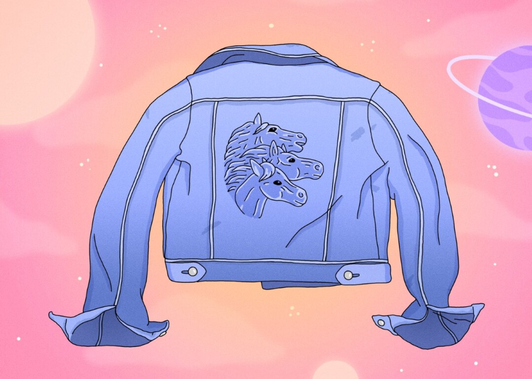 An illustration of a denim jacket with three horses on the back