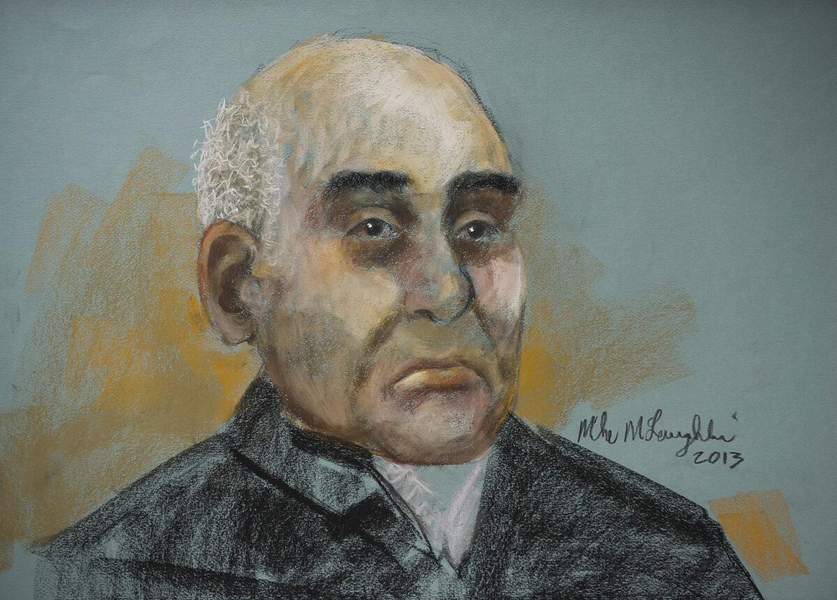 A courtroom artist's sketch shows 71-year-old Antony Piazza, an Iranian emigre who changed his name after a drug-trafficking charge and prison sentence, during a court appearance in Montreal on Monday. He has been charged with attempting to bring bomb components on board a Los Angeles-bound plane Sunday and endangering an aircraft and air travelers.