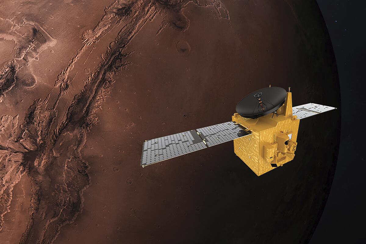 An illustration of the Amal spacecraft orbiting Mars