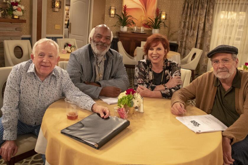 LOS ANGELES, CALIF. -- THURSDAY, AUGUST 23, 2018: Cast of new Fox sitcom 'The Cool Kids' starring comedy veterans, from left, Leslie Jordan, David Allen Grier, Vicki Lawrence and Martin Mull on the set in Los Angeles, Calif., on Aug. 23, 2018. (Brian van der Brug / Los Angeles Times)