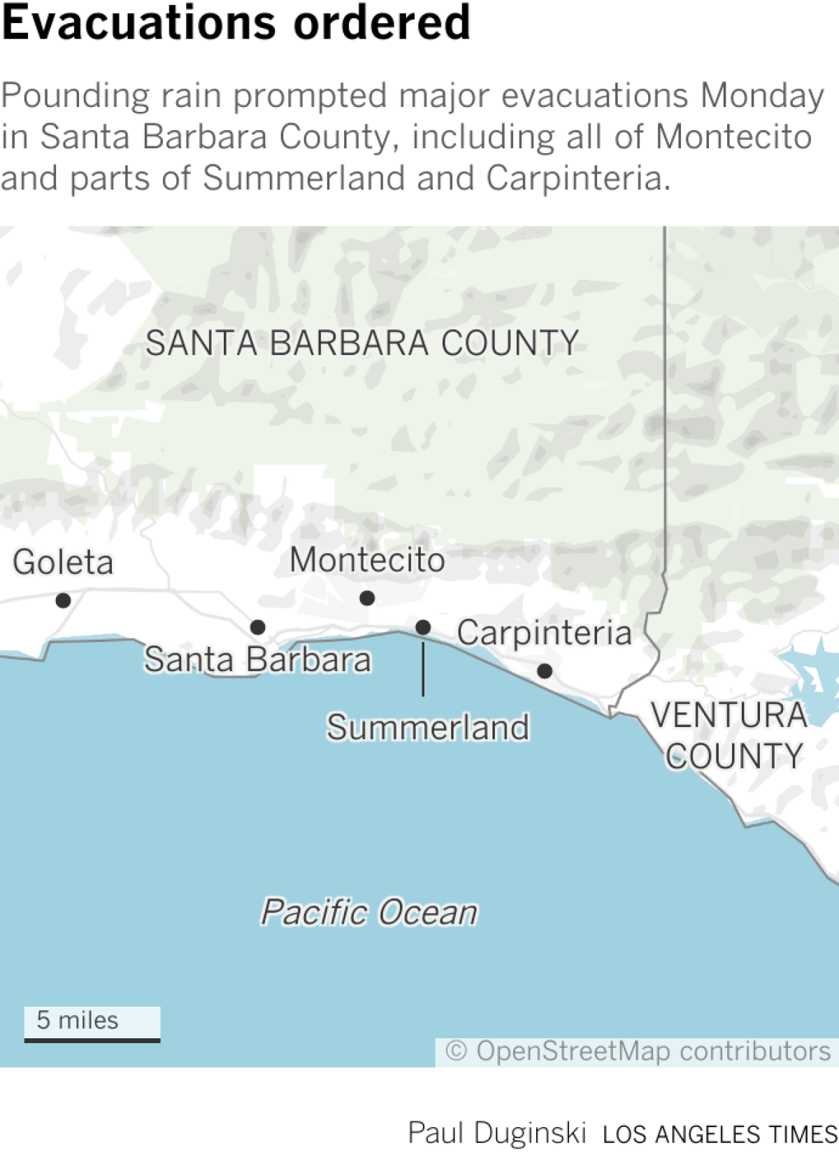 Locator map of Montecito and neighboring cities in Santa Barbara County.