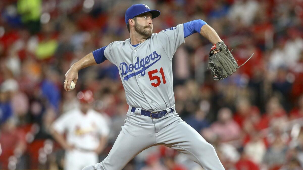 Dodgers' Dylan Floro pitches during the fourth inning against the St. Louis Cardinals on April 8, in St. Louis.