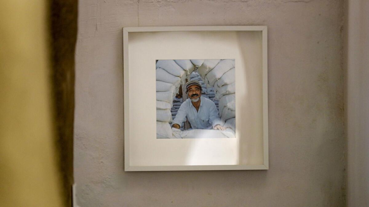 CalEarth founder Nader Khalili on a wall inside Earth One.