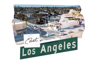 an aerial view of Whittier Blvd collaged with a handwritten note adding "East" to a "Los Angeles" sign