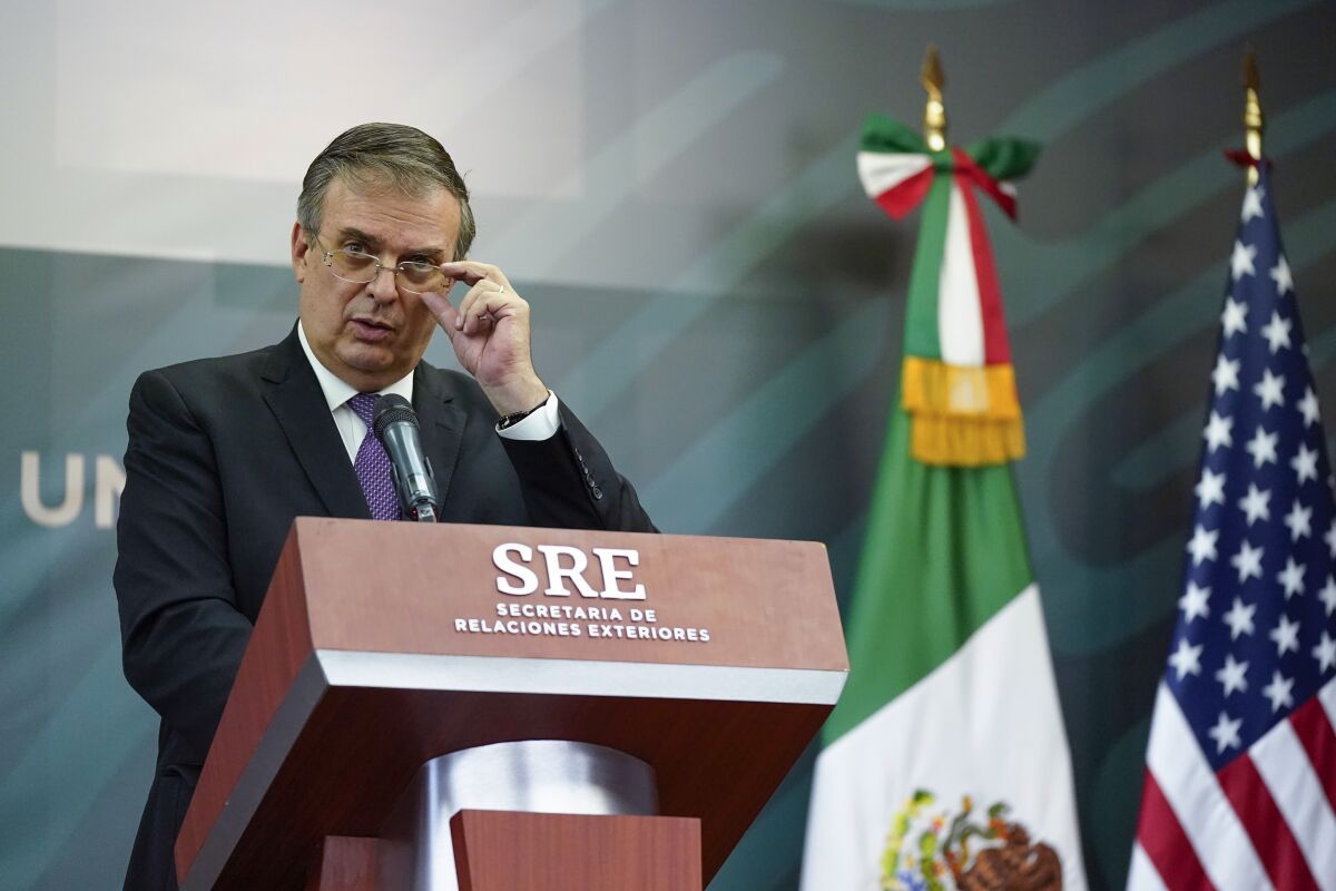 FILE - Mexico's Foreign Minister Marcelo Ebrard speaks during a joint news conference with Secretary of State Antony Blinken at the Mexican Ministry of Foreign Affairs, Oct. 8, 2021, in Mexico City. Ebrard, Mexico’s top diplomat, began the open jostling to win the 2024 nomination of President Andrés Manuel López Obrador’s Morena party on Monday, June 20, 2022. (AP Photo/Patrick Semansky, Pool, File)