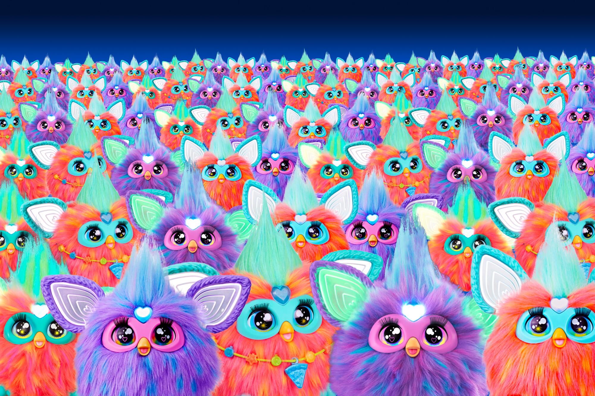 photo illustration of a swarm of Furbies standing together.