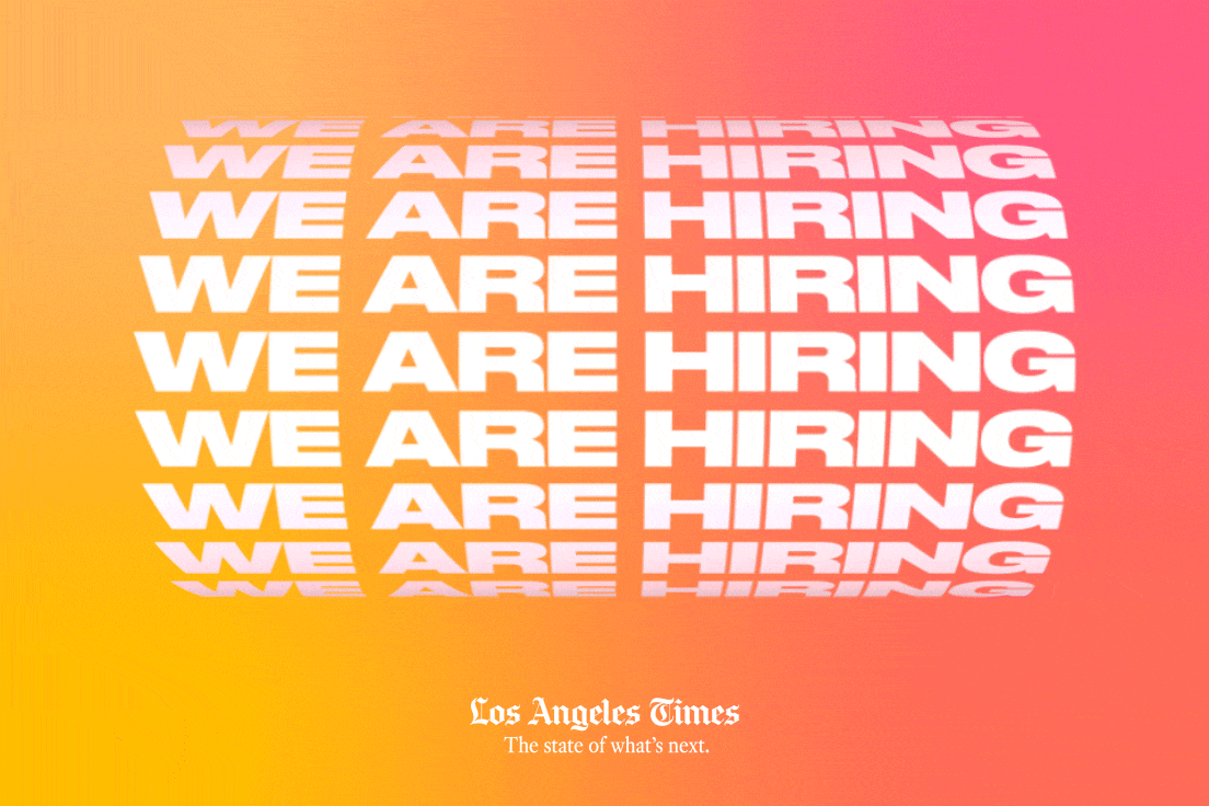 Yellow, orange and pink background with white text reading "We are hiring." The text is on a circular loop. 